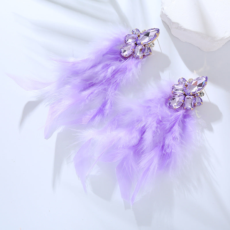 Wholesale Alloy Diamond Feather Flower Long Temperament Tassel Earrings