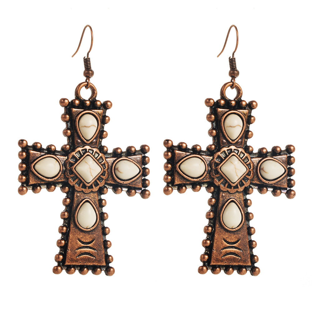 Wholesale Retro turquoise teardrop cross exaggerated earrings