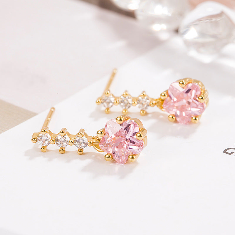 Wholesale Pink Flower Zircon Copper Earrings