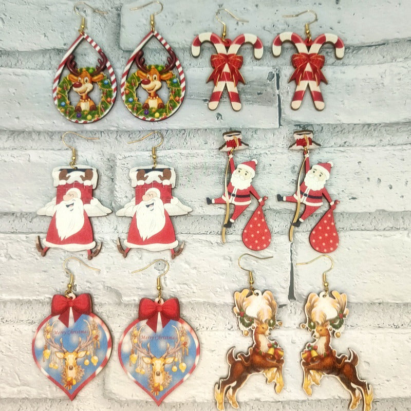 Wholesale Wood Cutting Color Printing Creative Christmas Elk Earrings