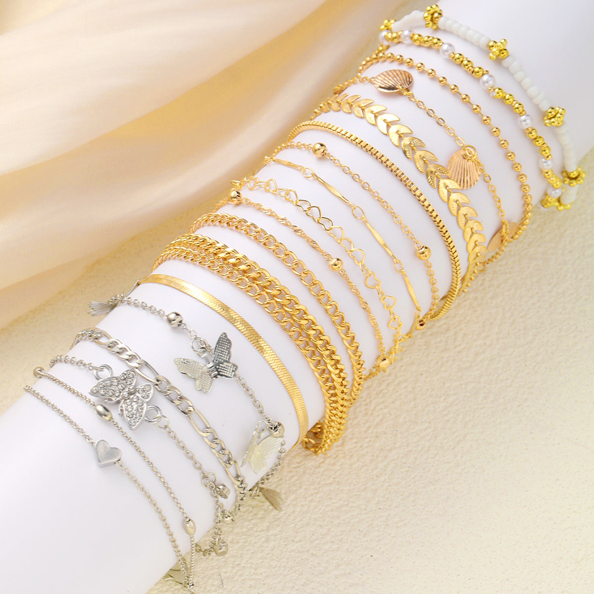 Wholesale Beach Style Butterfly Shell Rice Bead Anklet Set