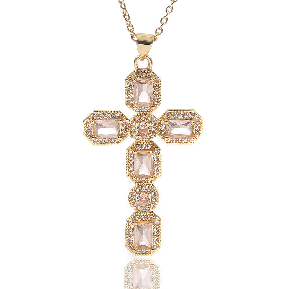 Wholesale  Religious Inlaid Zircon Cross Pendant Copper Necklace