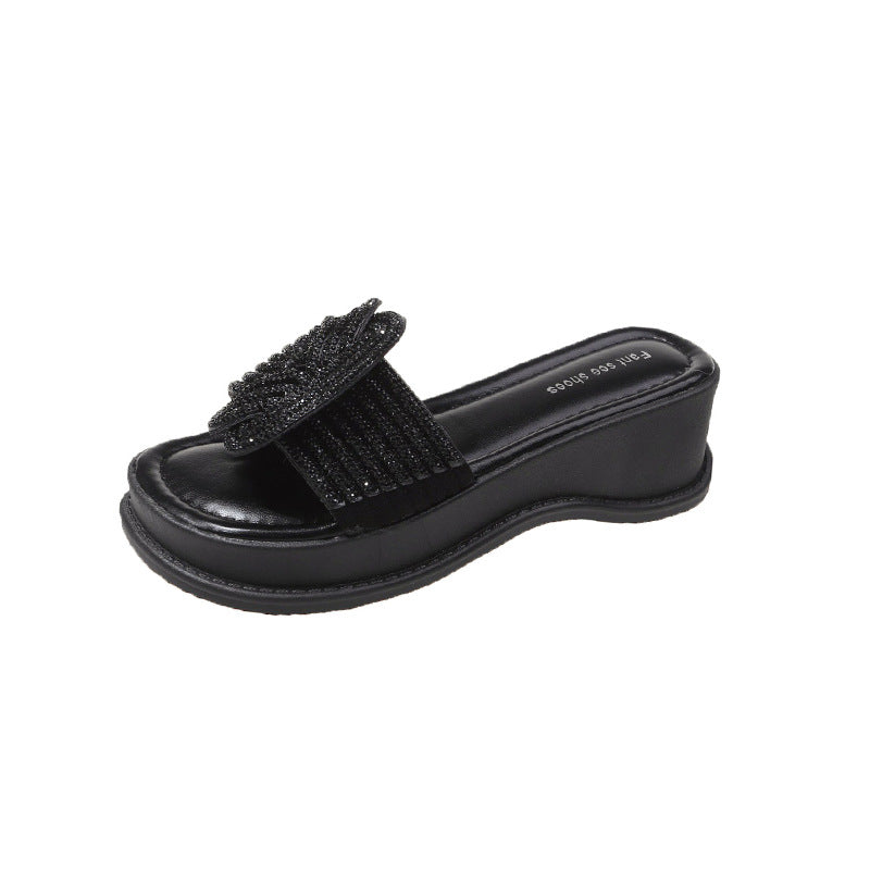 Wholesale French Style Thick-soled Outerwear Fashionable Rhinestone Heightened Wedge Sandals