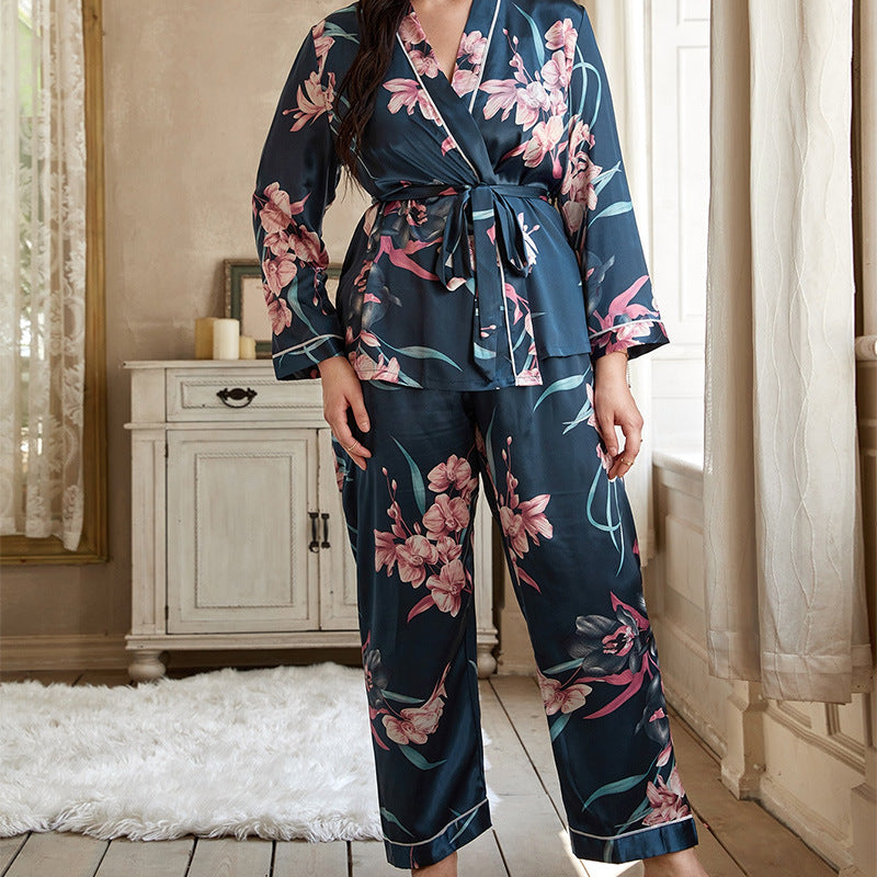 Wholesale Large Size Cardigan Lace-up Nightgown Pajamas Pants Polyester Loose Home Ladies Set