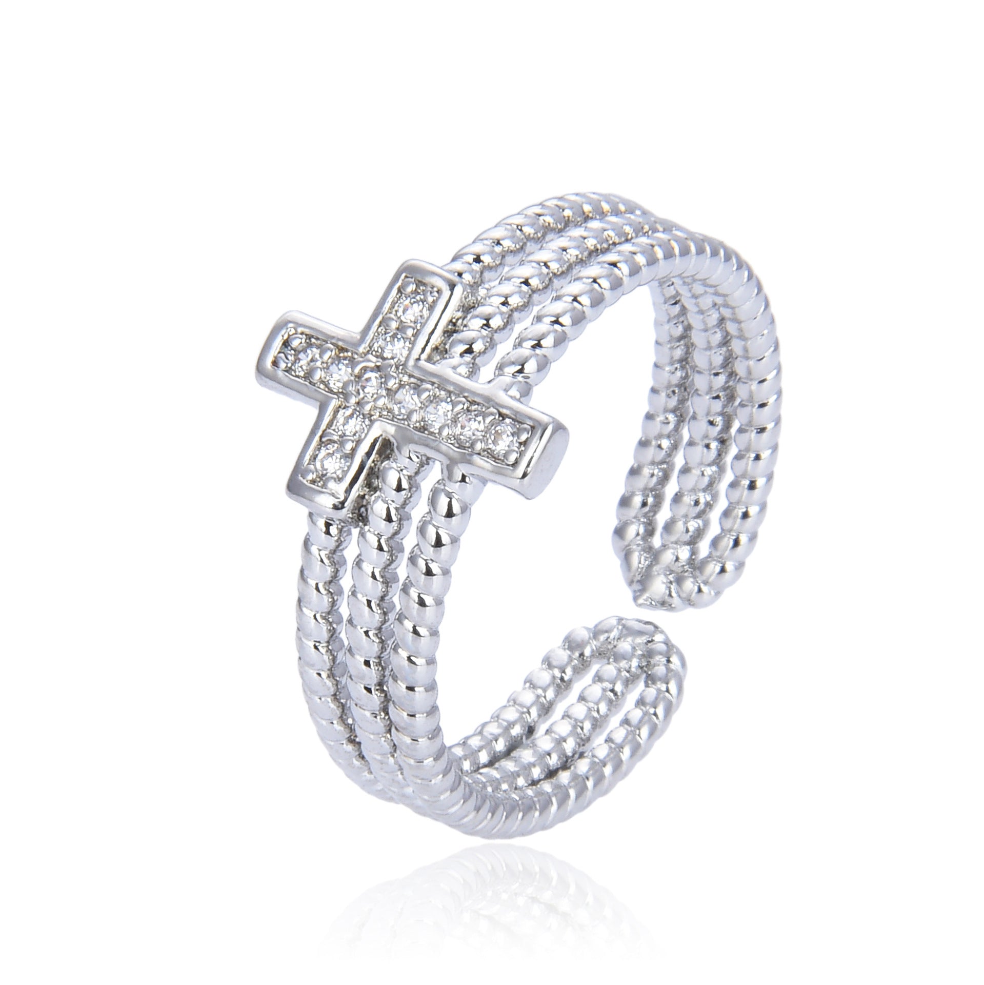 Wholesale Multi-layered Diamond Zircon Cross Open Adjustable Ring