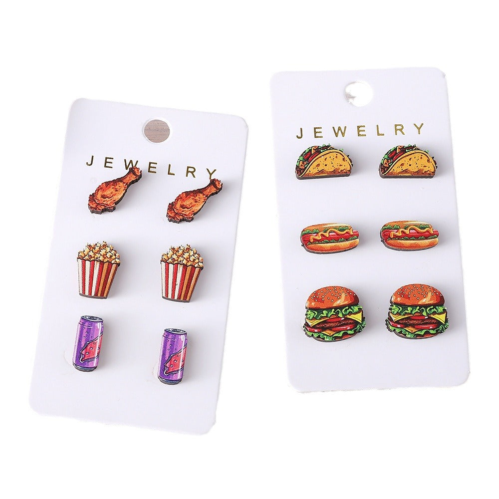 Wholesale Hamburger Hot Dog Chicken Leg Popcorn Food Wooden Earrings