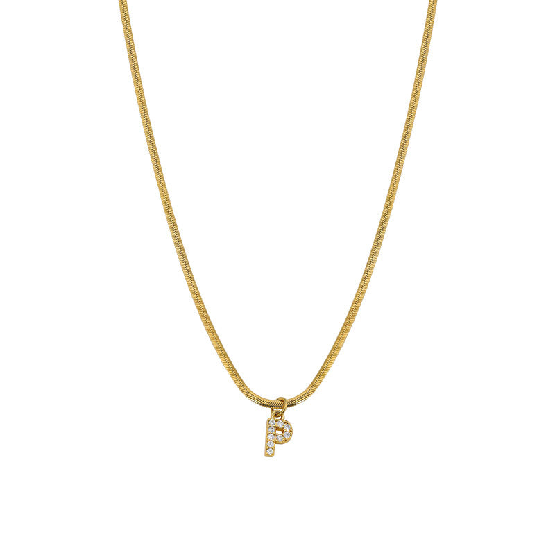 Wholesale French Retro Palace Style Flat Snake Bone Stacking Diamond 26 Letter Titanium Steel Clavicle Chain Necklace