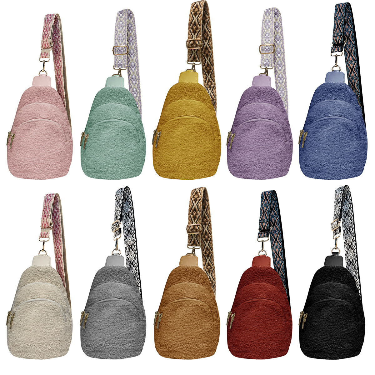Wholesale Autumn and Winter Wide Shoulder Straps Crossbody Bags Sherpa Plush Chest Bags