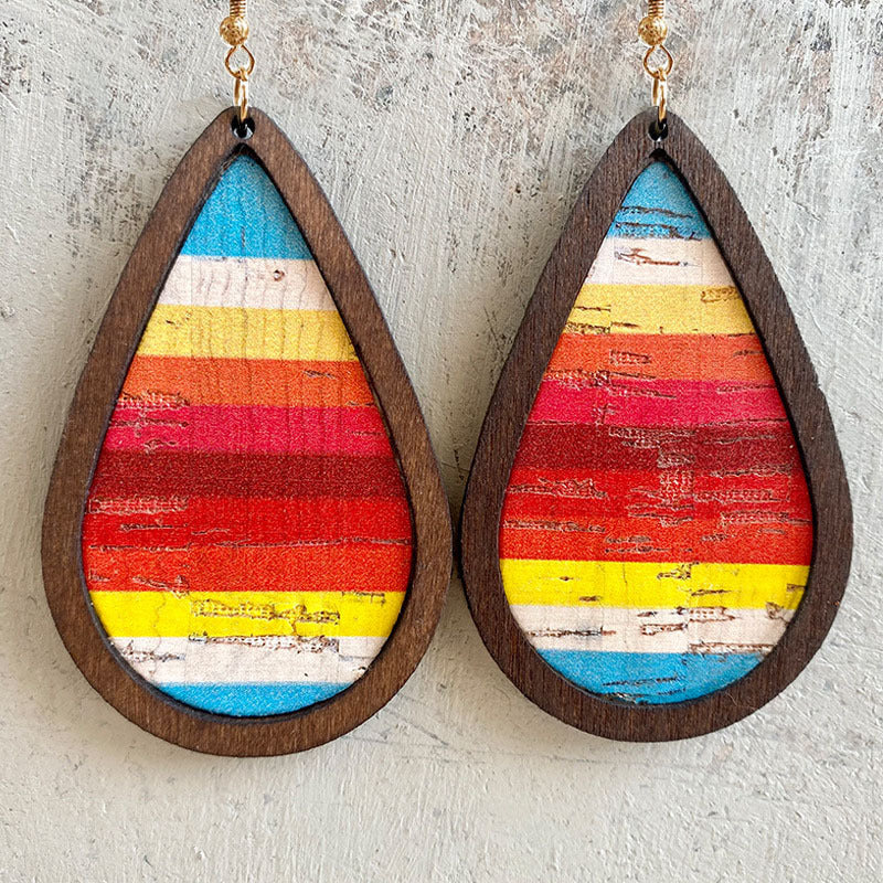 Wholesale 2pairs/pack Teardrop Shaped Western Denim Cork Wood Frame Earrings