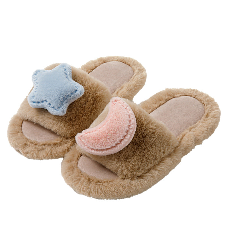 Wholesale Moon and Stars Contrasting Color Open Plush Cotton Slippers