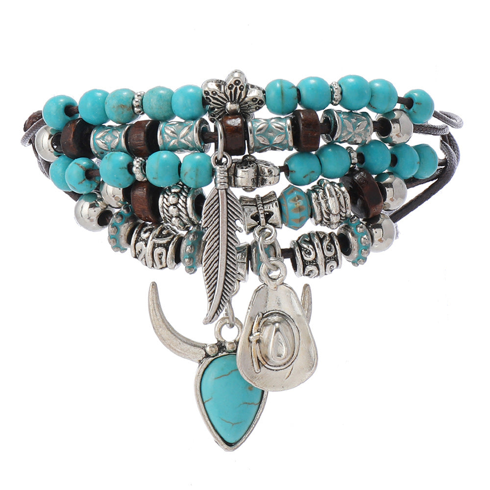 Wholesale Ethnic Bohemian Turquoise Tow Hat Tassel Handmade Multi-layer Bracelet Bracelet