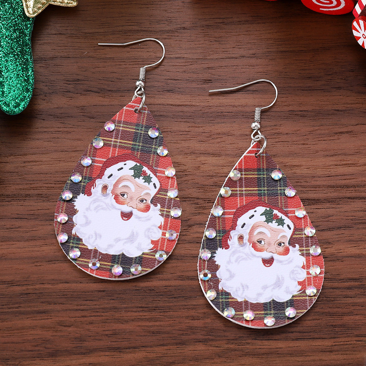 Wholesale Christmas  Checkered Rhinestone Pendant Earrings
