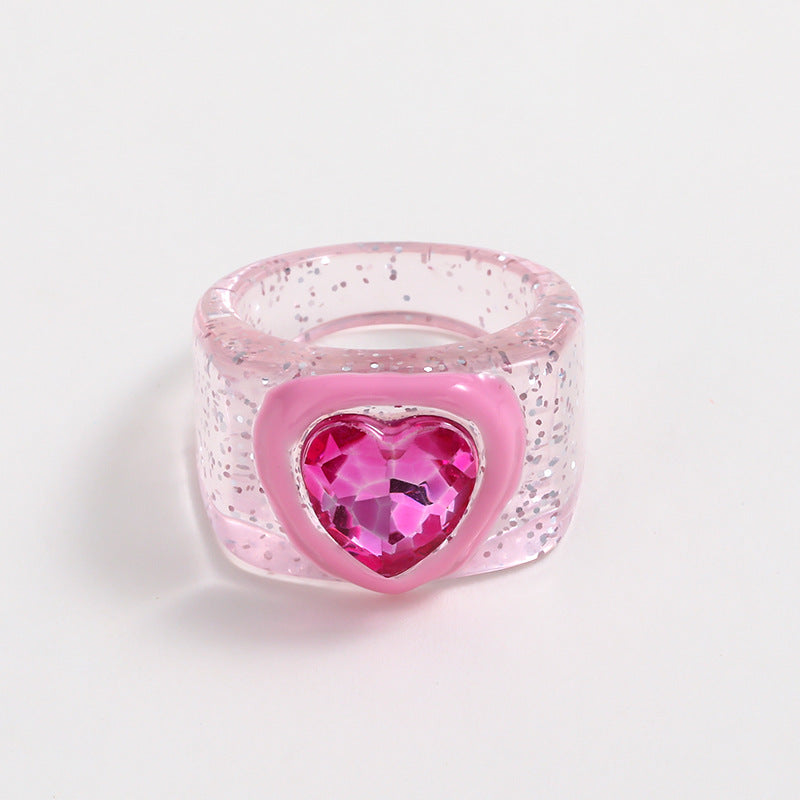 Wholesale Valentine's Day Resin Heart Peach-Based Oil-Dotted Diamond Ring