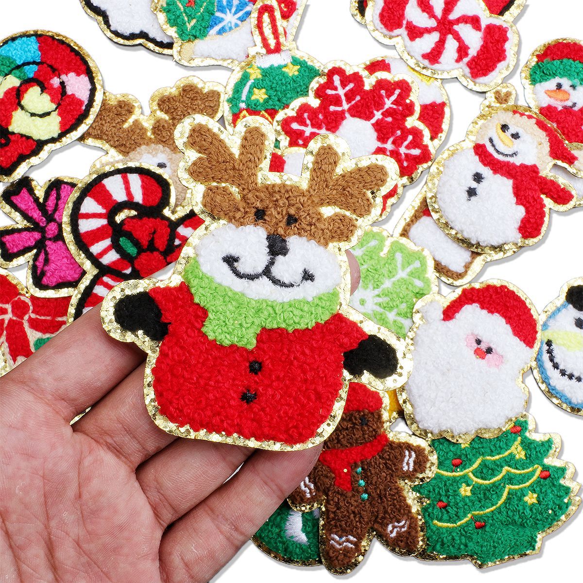 Wholesale Christmas Snowman Embroidered Chenille Sew On Patches Gold Trim For Clothing DIY Craft Supply