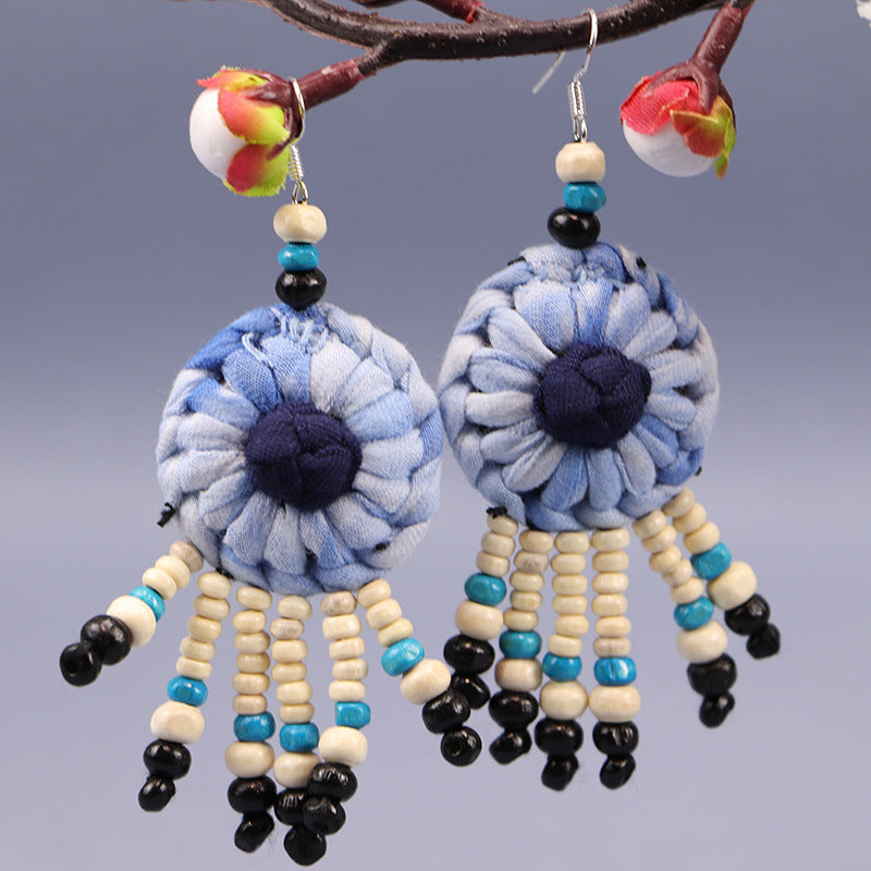 Wholesale Tie-dye blue dye earrings earrings ethnic style buckle flower blue earrings tie-dye earrings