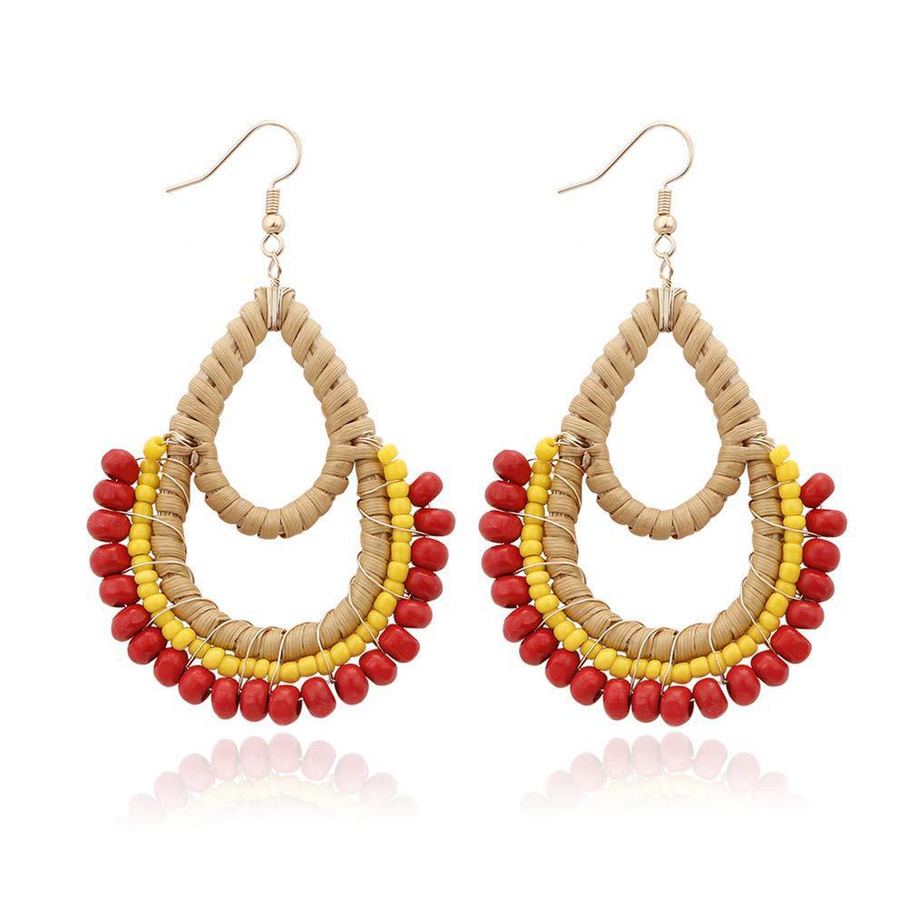 Wholesale Bohemian Rattan Wooden Beads Fishhook Hoop Earrings