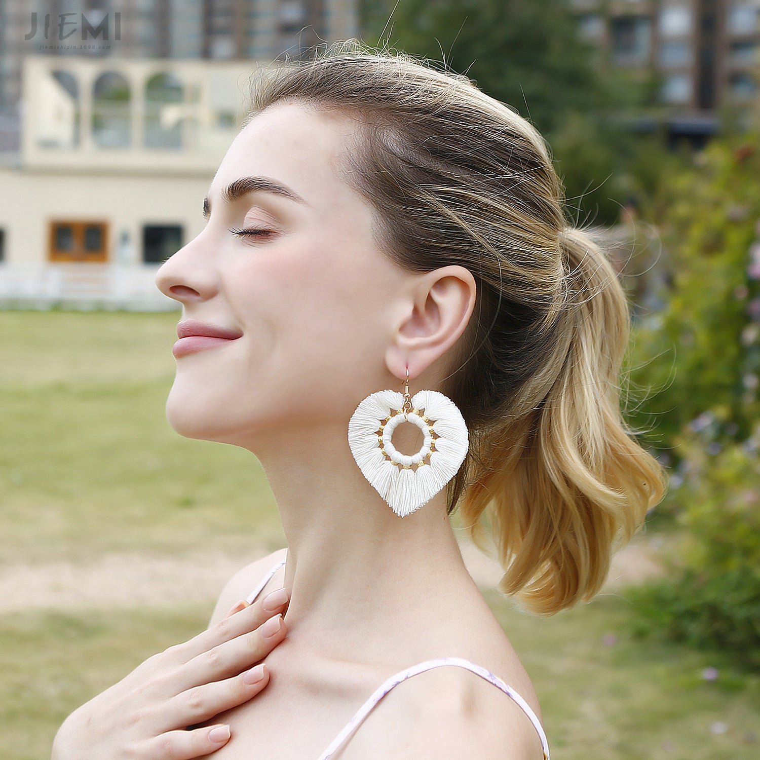 Wholesale Valentine's Day Cotton Thread Peach Heart Tassel Earrings