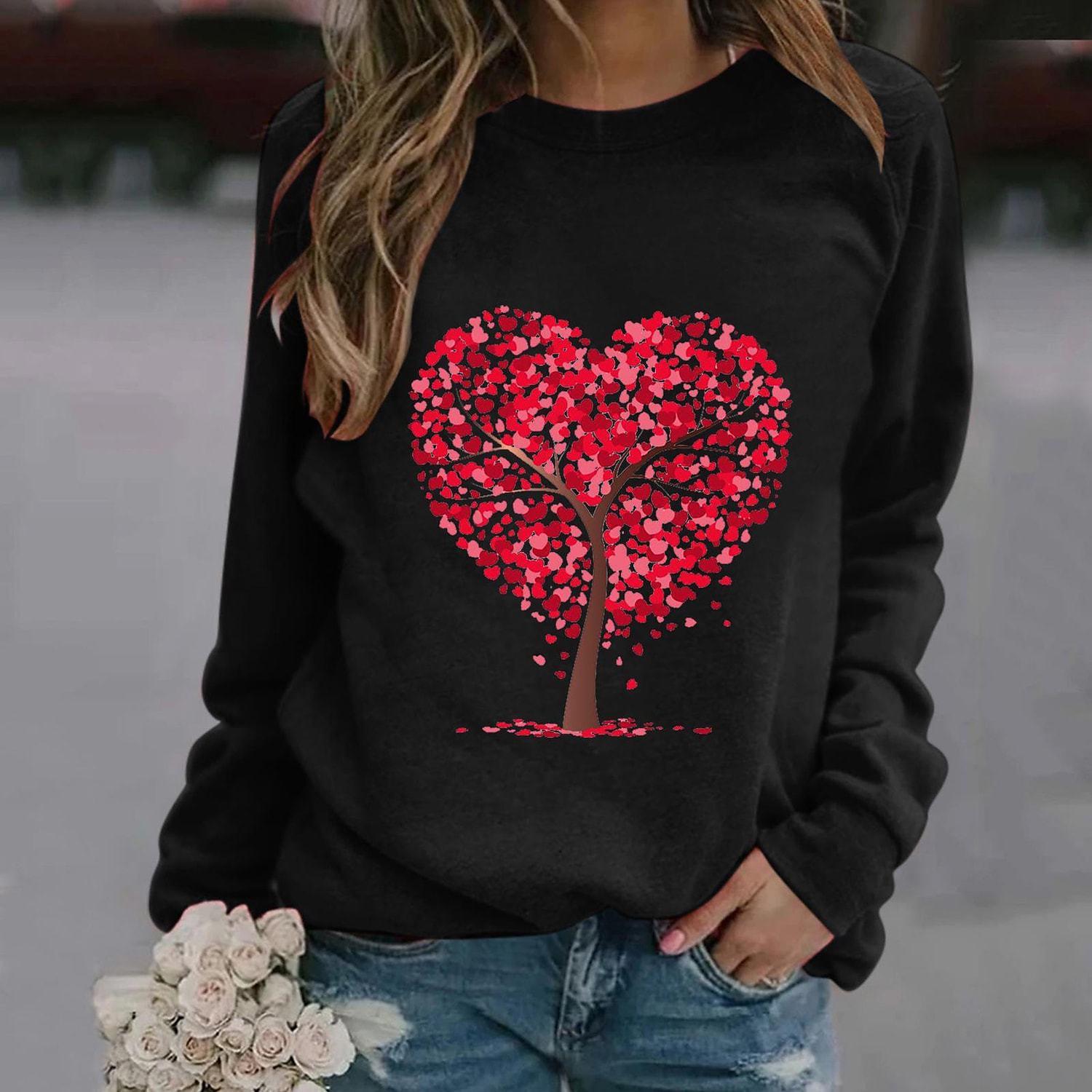Wholesale Valentine's Day 3D round neck sweater women's red love tree women's clothing