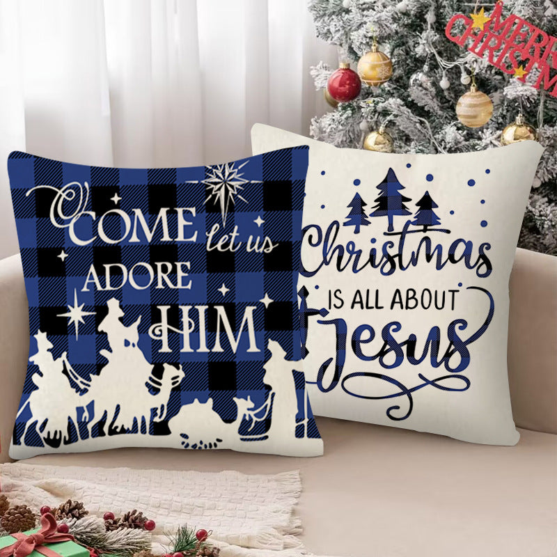 Wholesale Christmas Linen Plaided Letter Christmas Tree Print Pillowcase