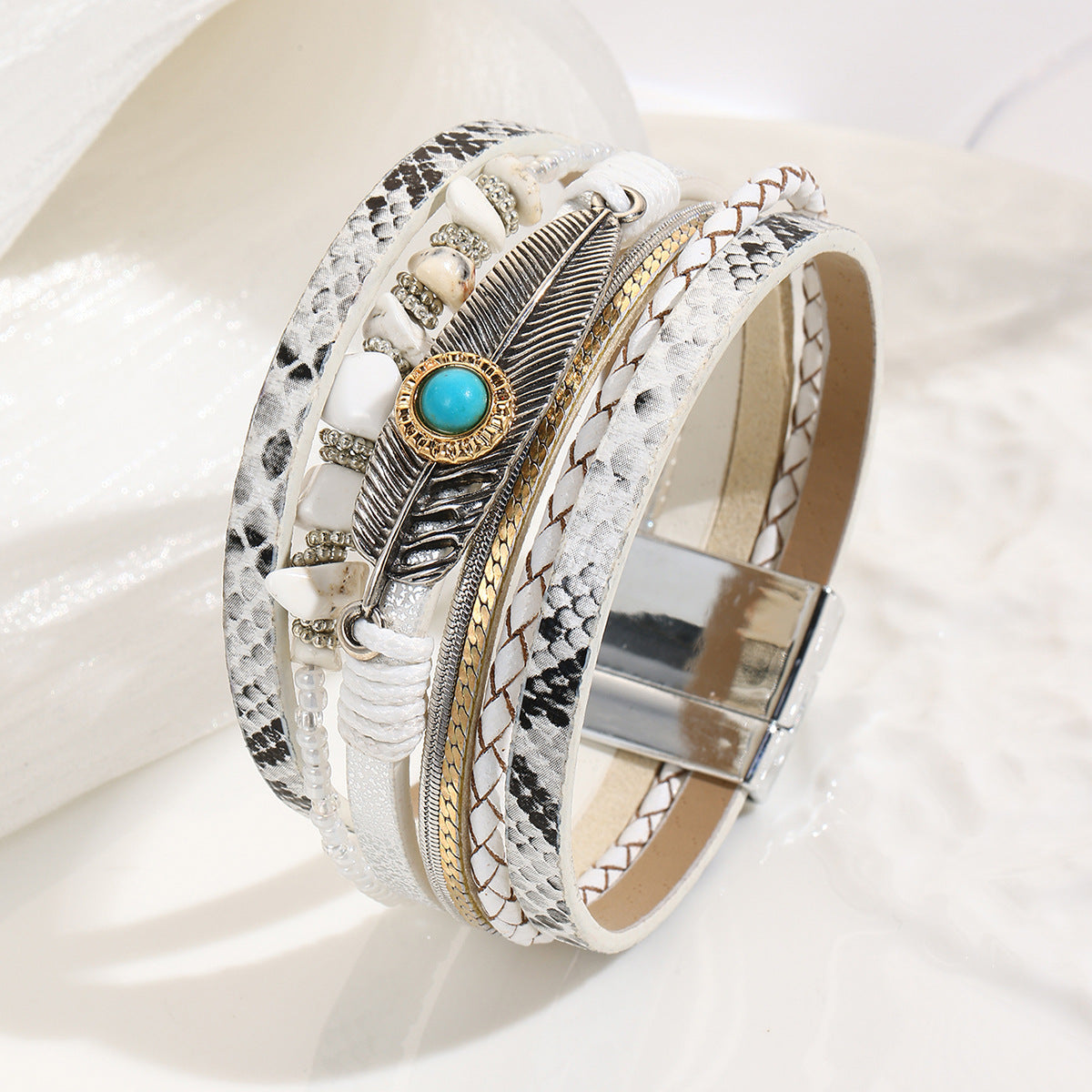 Wholesale Vintage Feather Green Pine Stone Feather Bracelet  Layered Bracelet Set