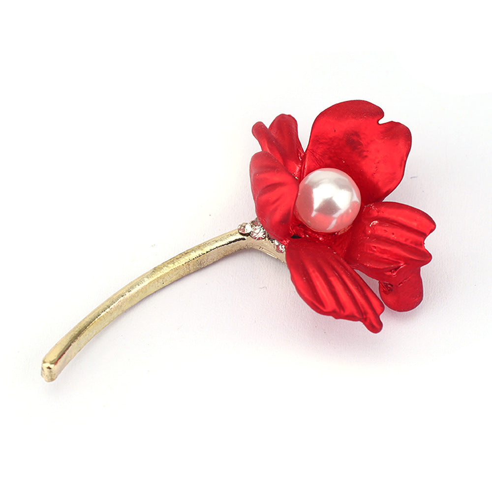 Wholesale Red rose inspired pearl studded diamond brooch
