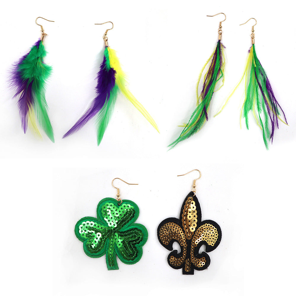 Wholesale Carnival Sequin Gold Purple Green Feather Accessories Earrings