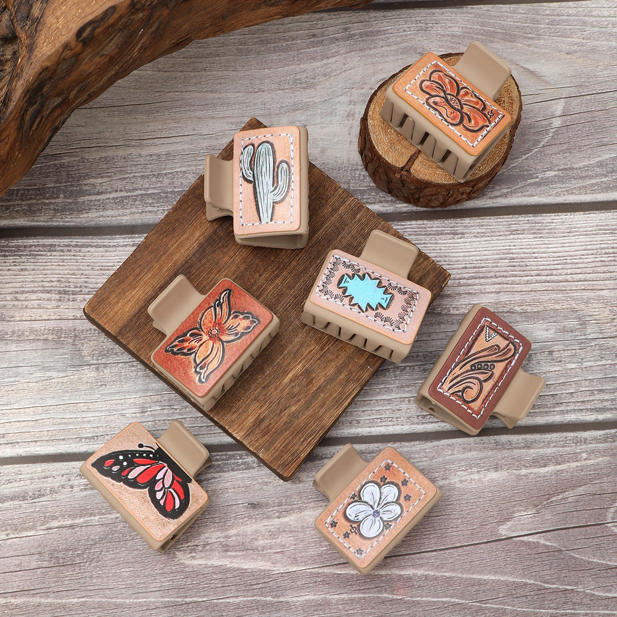 Wholesale Western Style Cactus Butterfly Flower Leather Hairpin Women Shark Clip