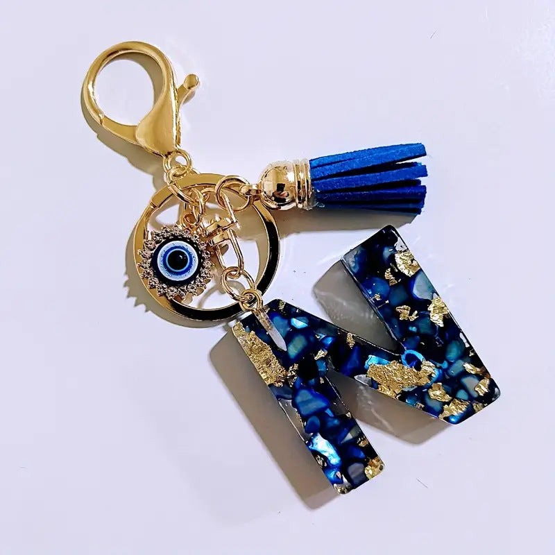 Wholesale Blue English letter Evil Eye tassel keychain