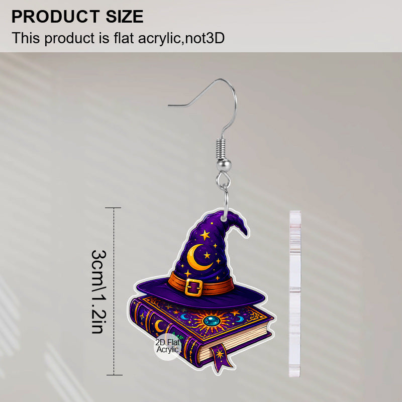 Wholesale Acrylic  Witch Hat Spell Book Earrings Purple Moon Star Print Jewelry Accessory For Party Wear Gift