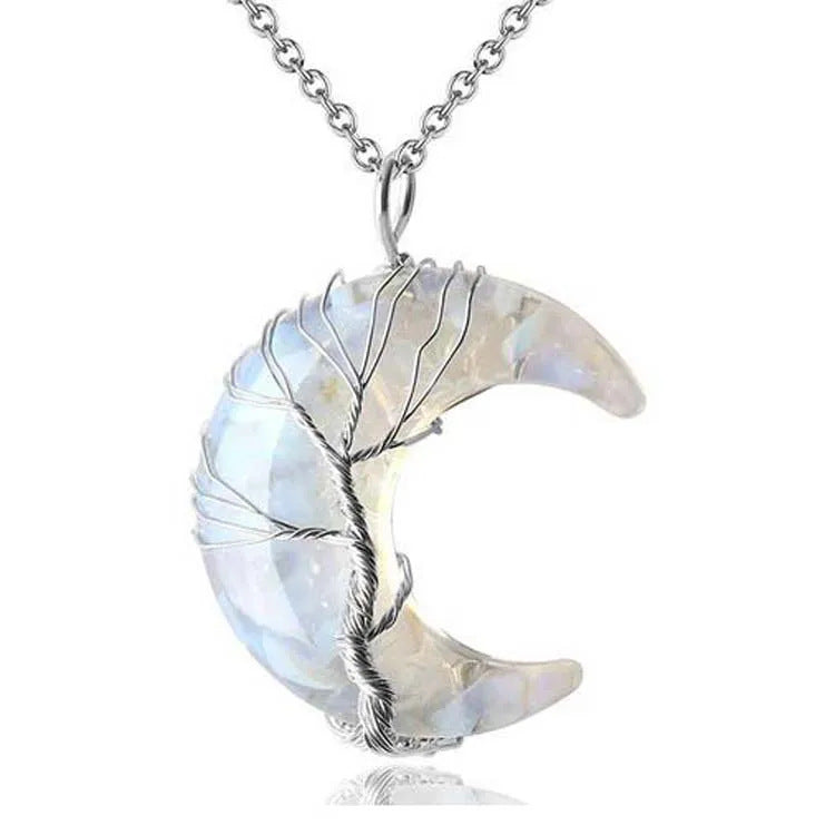Wholesale Moon Wrap Tree of Life Gravel Pendant Resin Stainless Steel Chain Tooth Necklace