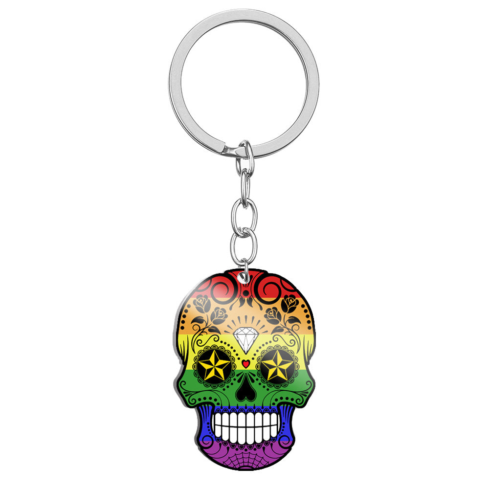 Wholesale 6 Color Rainbow Flag Color Printing Titanium Steel Skull Stainless Steel Keychains