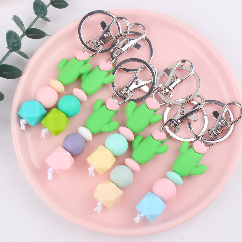 Wholesale Cartoon 3D Cactus Silicone Beaded Keychain