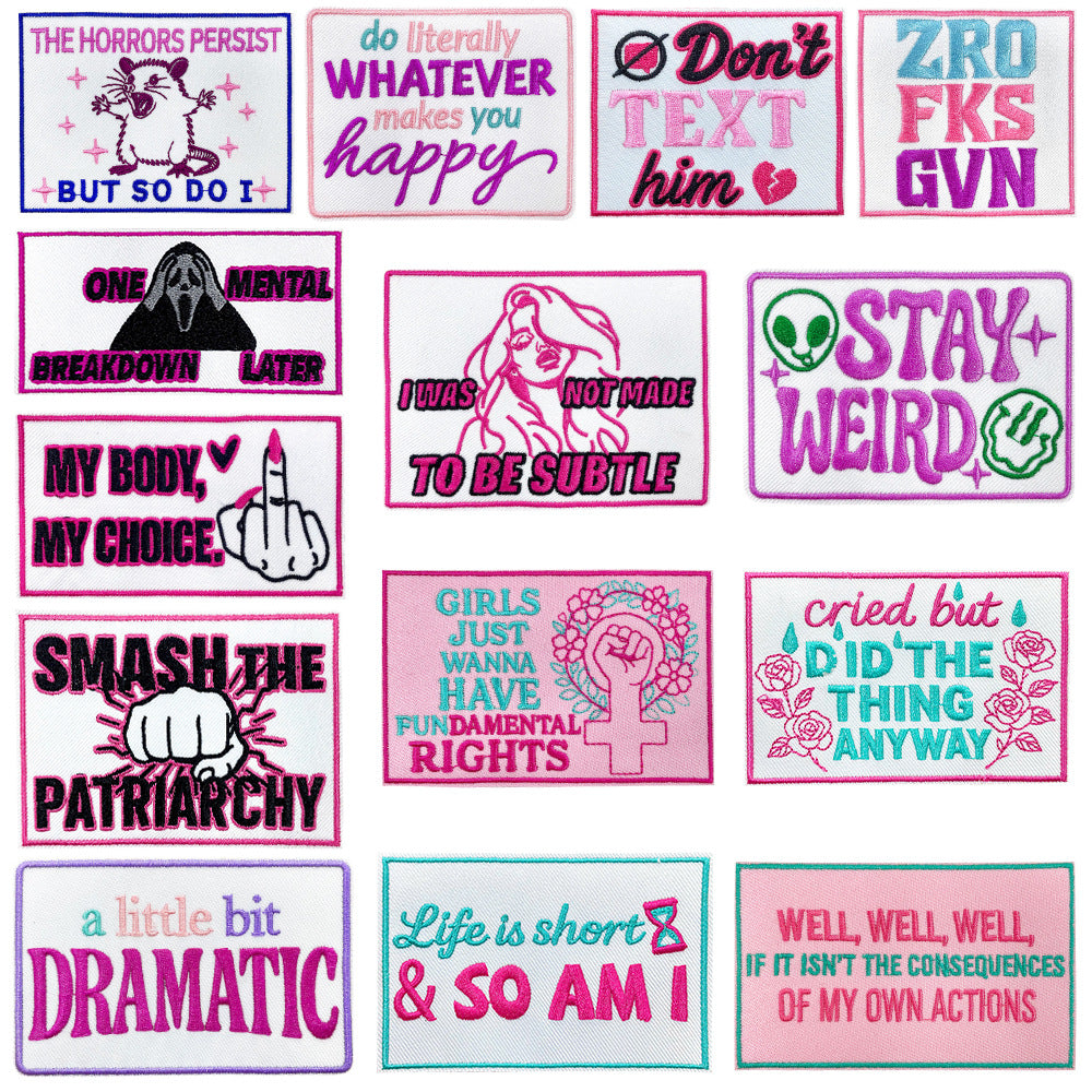 Wholesale Towel Embroidery Iron On Patches Retro Funny Text Rectangular For Coats Everyday
