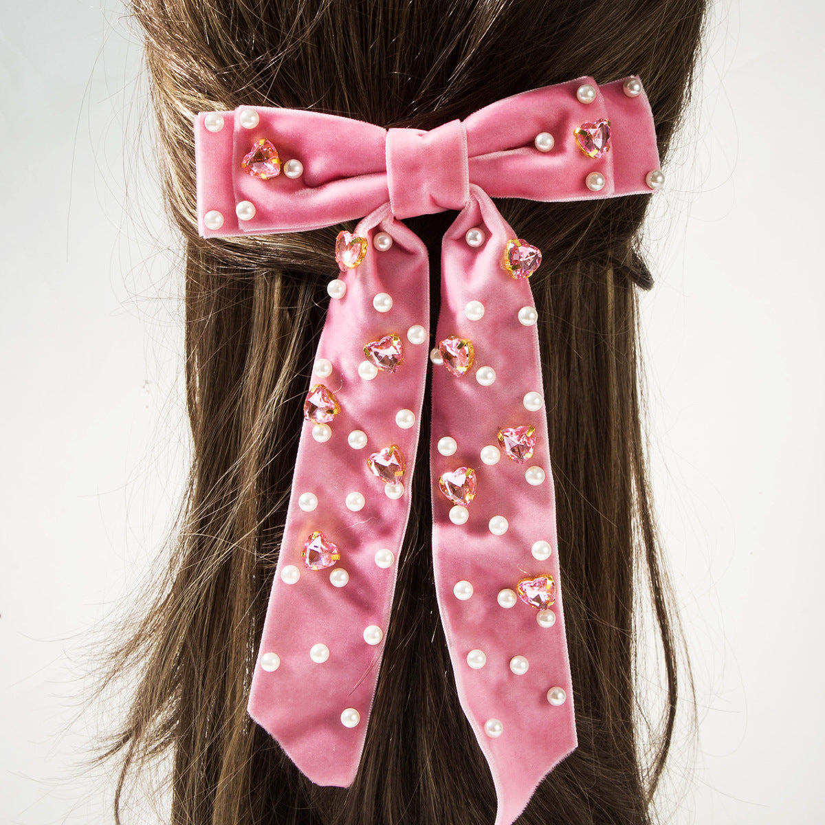 Wholesale Velvet fabric multi-layer bow inlaid with heart-shaped pearl hair clip