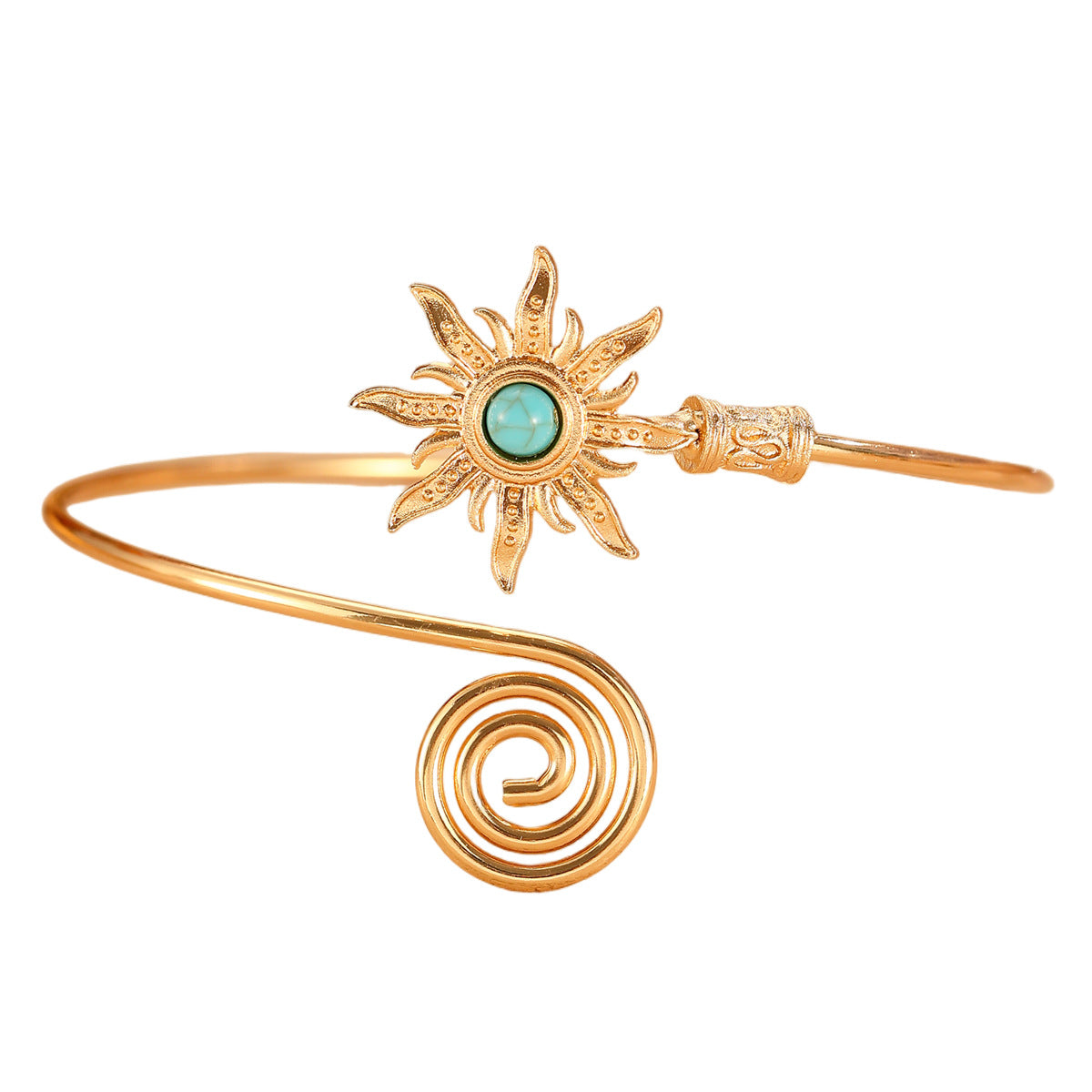 Wholesale Alloy Vintage Sun Arm Cuff Bracelet Open Adjustable Turquoise Design Gold Finish Stylish Everyday Jewelry Accessory