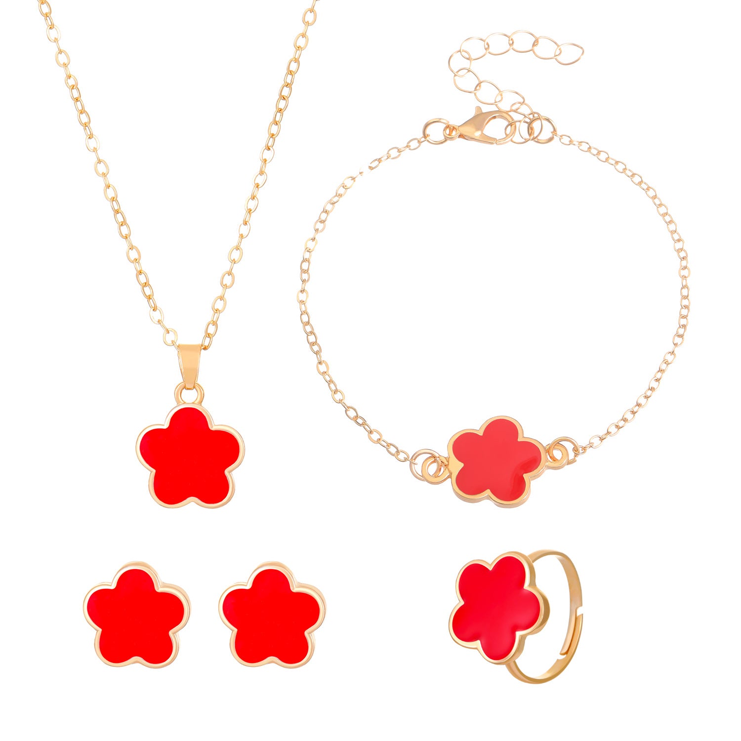 Wholesale Simple petal necklace five-leaf flower bracelet ring earrings 4-piece set