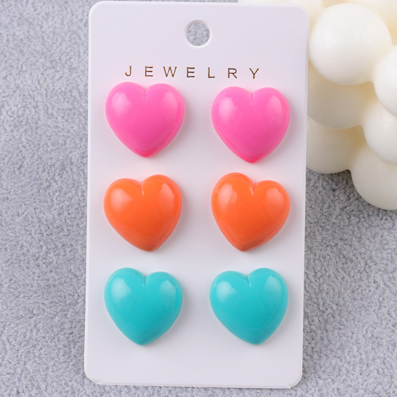 Wholesale Japanese Style Fresh Candy Colored Love Three Piece Set Acrylic Simple and Fashionable Earrings