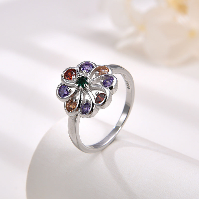 Wholesale Rainbow Micro Inlaid Diamond Flower Ring for Women,  White Copper