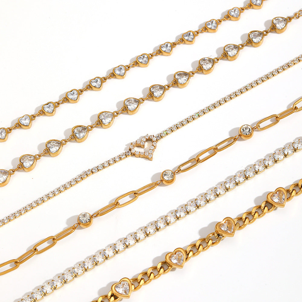 Wholesale Gold multi heart diamond studded stainless steel bracelet