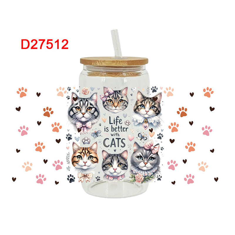 Wholesale Cute Cartoon Cat and Dog Series 16oz Cup UV DTF Wraps