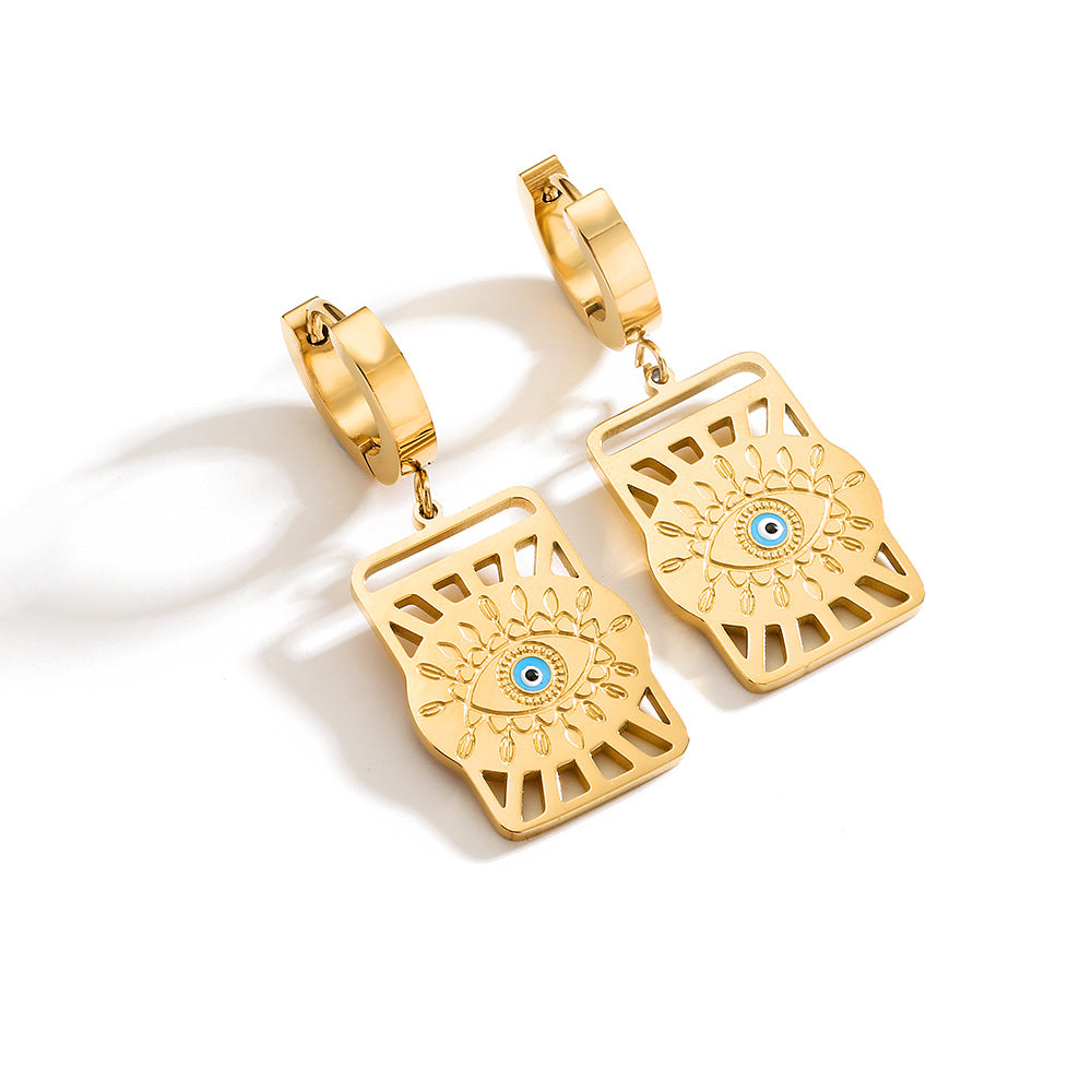 Wholesale Titanium Steel Devil Eye Hollow Square Pendant Earrings