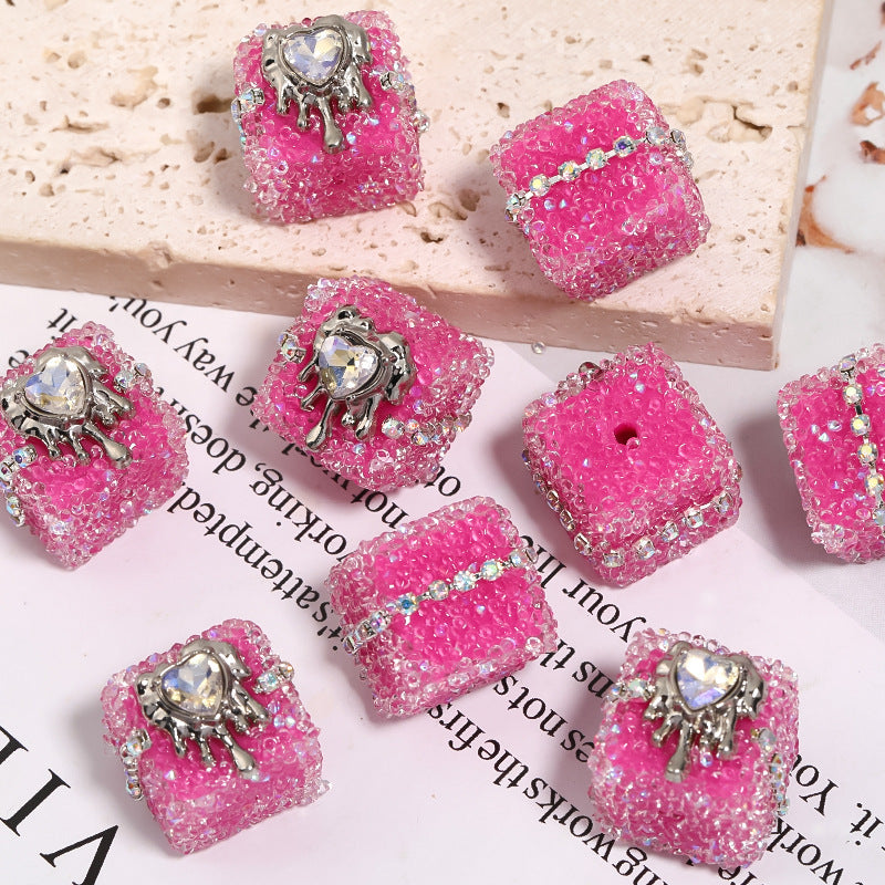 Wholesale 5pcs soft candy chain with rhinestone balls and square through-hole beads