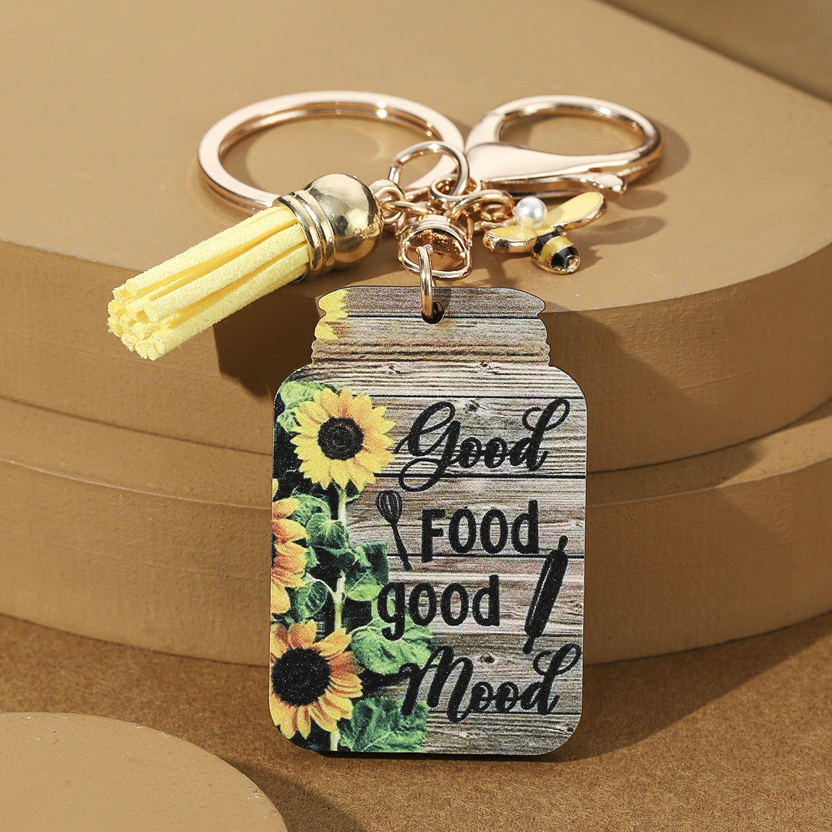 Wholesale Wooden Sunflower Slogan Bee Honeypot Color Printed Keychain