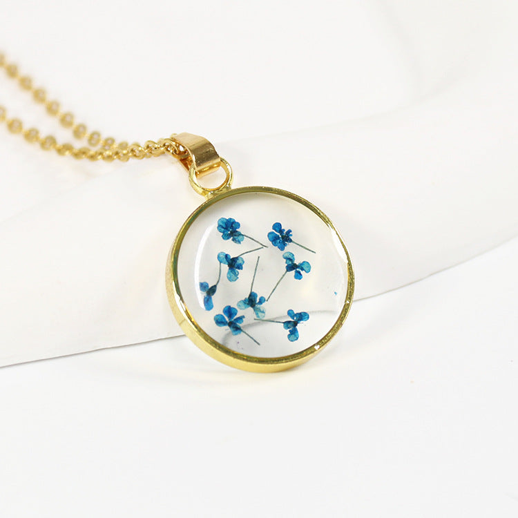 Wholesale 6pcs Simple Resin Stainless Steel Round Dripping Glue Dried Flower Necklace