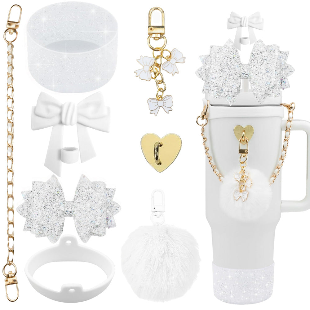 Wholesale mug accessories portable chain bow straw decorative silicone cup set cup chain flower pendant