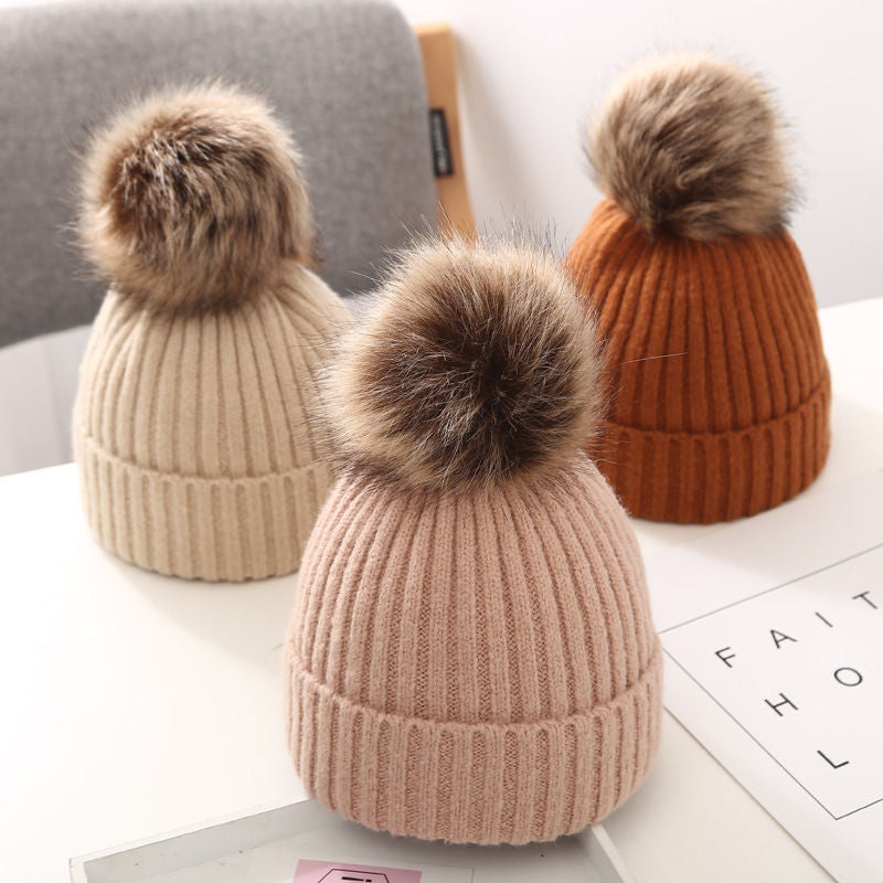 Wholesale of Winter Parent-child Large Wool Ball Knitted Hats and Wool Hats