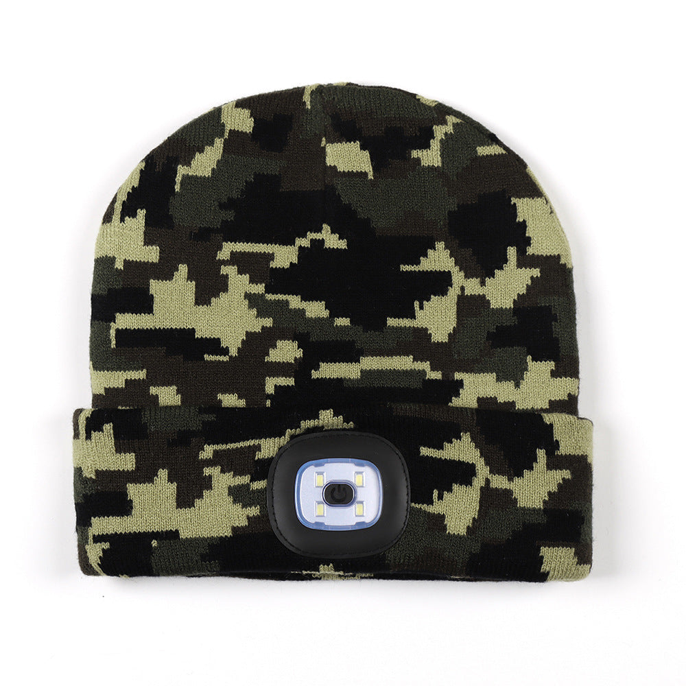Wholesale Leopard Camo LED Knitted Hat USB Charging Warm Night Running Woolen Hat