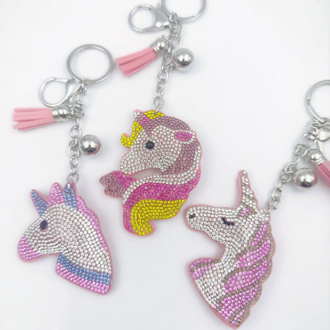 Wholesale Trendy Rhinestone Unicorn Head Keychain With Tassel Crystal Bling Bag Charm For Bags Boutique Resale Accessory