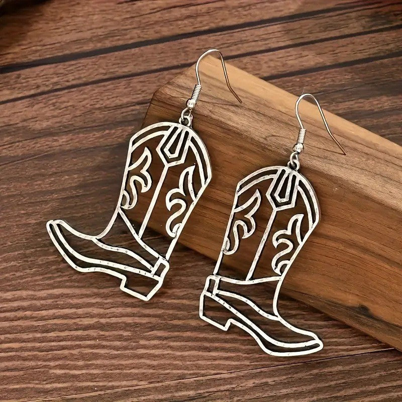 Wholesale Trendy Western Cowboy Boot Pendant Earrings Chic Hollowed Out Gold Alloy Jewelry For Women