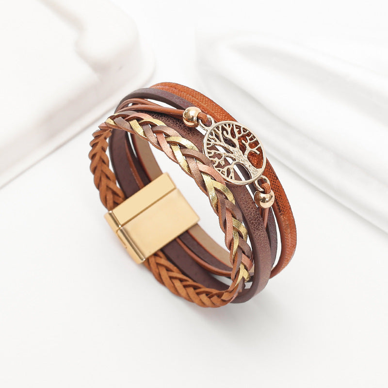 Wholesale Bohemian multi-layered leather hand-woven diamond magnetic clasp bracelet